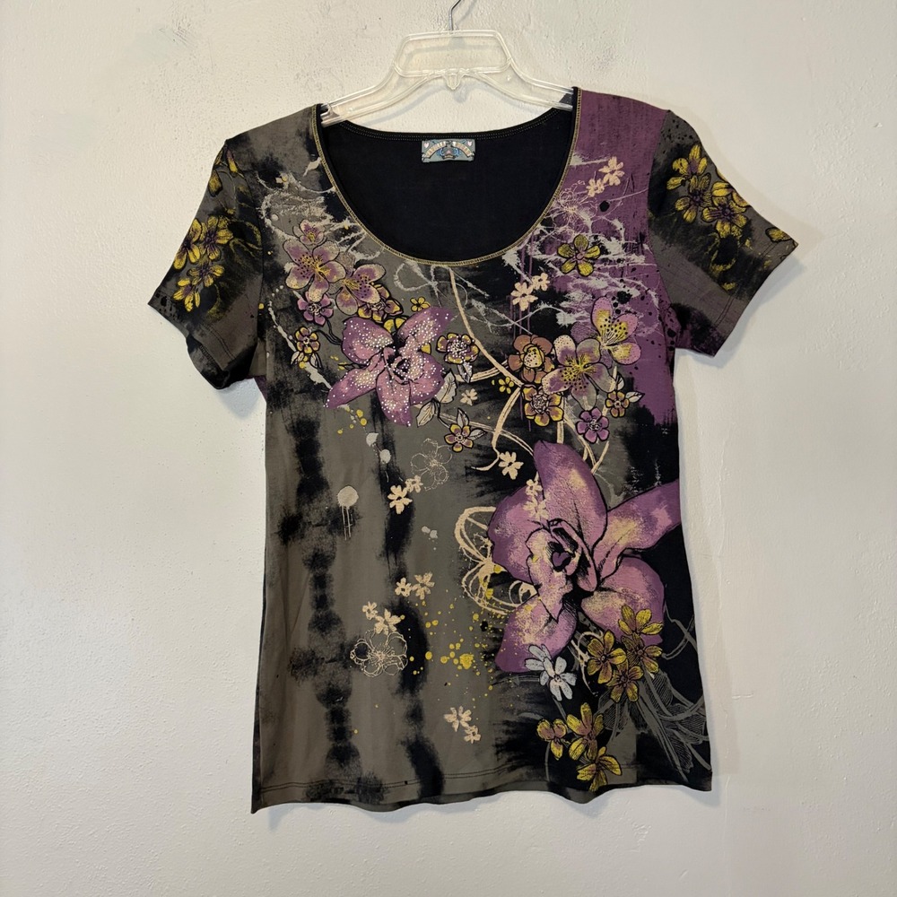 Vanilla Sugar Y2K Floral Top XL Tie Dye Rhinestone Cotton Ribbed Tee Made In USA